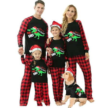 

LWXQWDS Christmas Family Pajama Matching Set Dinosaur T-shirt with Plaid Pants Long Sleeve Sleepwear Loungewear