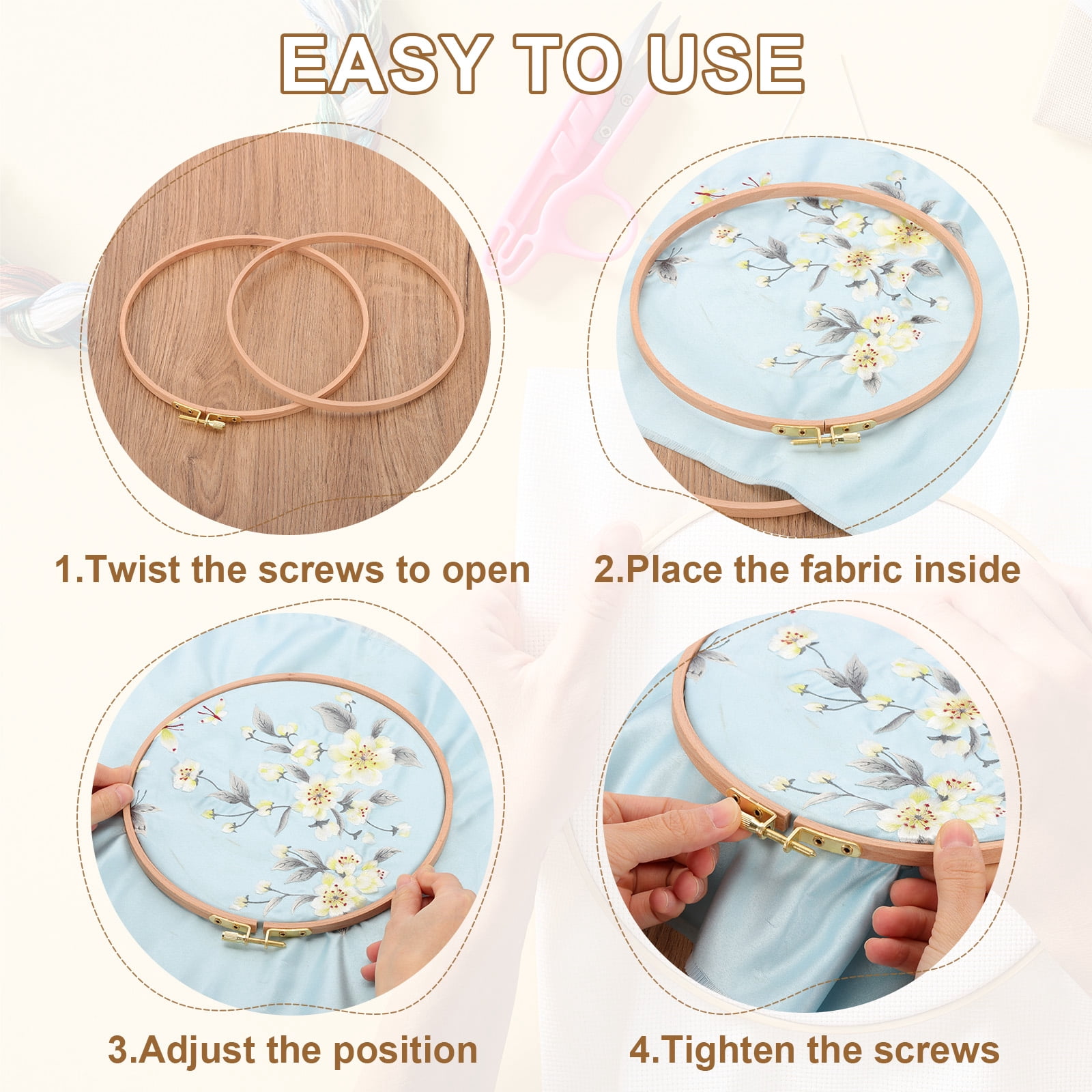 Uxcell 2 Pieces 11 Inch Beech Wood Embroidery Hoops, Arc Side Circle Cross Stitch Hoop Frames with Brass Screw