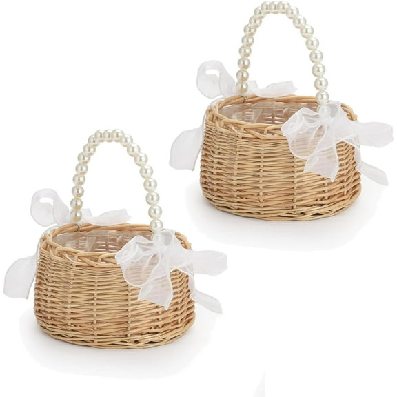 Flower Girl Basket Set of 2, Handwoven Small Flower Basket with Pearl Handle, Ribbon Bow & Plastic Liner for Flower Girl, Wicker Rattan Rustic Wedding Baskets for Home Wedding Decorations
