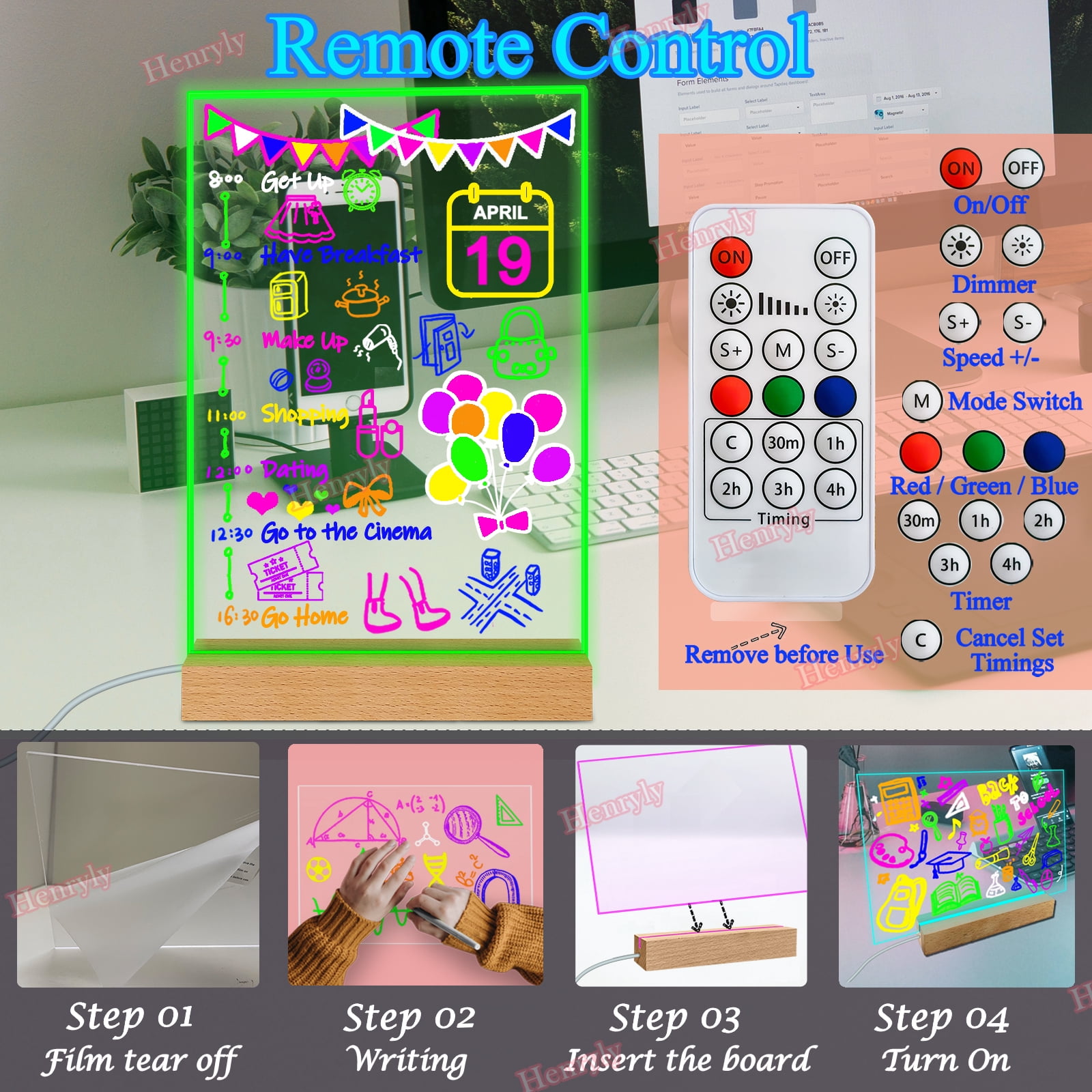 7 Colors Remote Control Acrylic Dry Erase Board with Light Up Wooden Stand for Desk 11.81 x 7.87” Clear Desktop Note Memo White Board Notepad Table LED Letter Massage Boards for Personal Creative Use