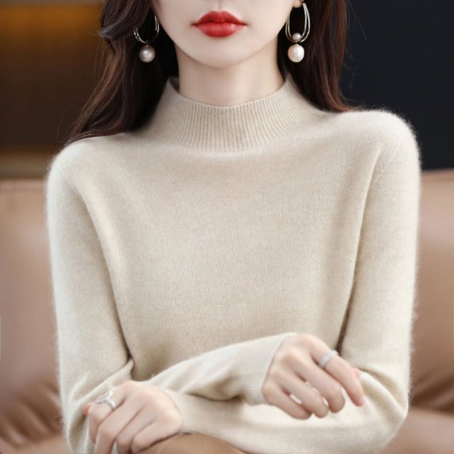 Suéter de cuello alto de media lana pura de primera línea, jersey de color sólido para mujer, camisa de punto que combina con todo