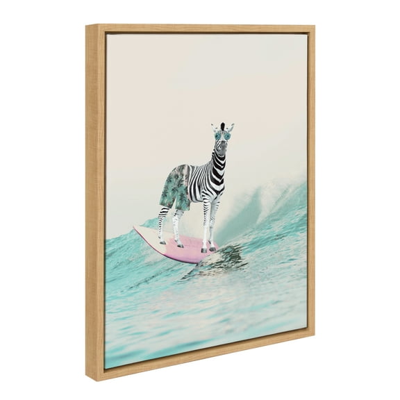 Kate and Laurel Sylvie Zebra Surfer Framed Canvas Wall Art by July Art Prints, 18x24 Natural, Modern Zoo Animal Ocean Wall Decor