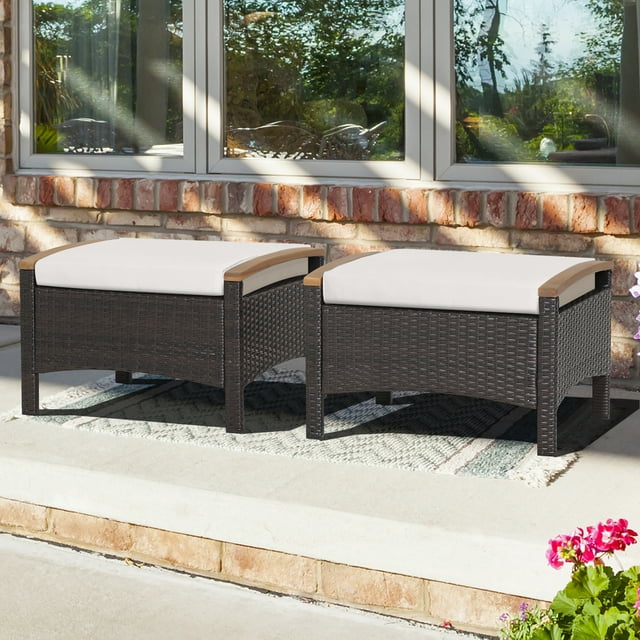 Gymax 2PCS Patio Ottomans Wooden Handles Rattan Knitting Foot Pedal Off White