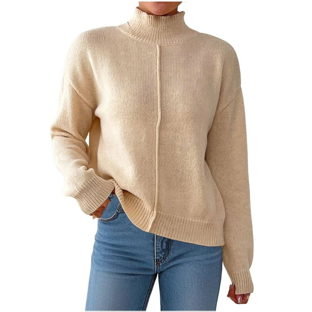 Lenpel Chandails à Col Roulé pour Femmes, Chandail-Over Tricoté à Manches Longues, Mode Automne Hiver (Beige, Petit)