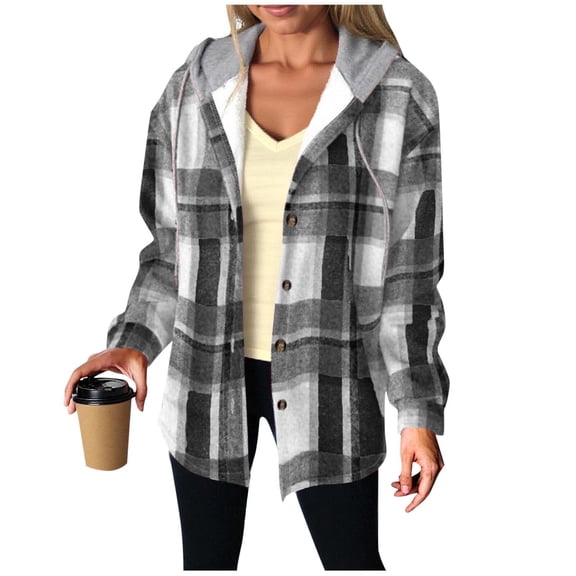 Hjlmsx Flannel Jacket for Women Trendy Fleece Lined Button Down Plaid Shacket Long Sleeve Hooded Jackets Fall Winter Coats Dark Gray XL