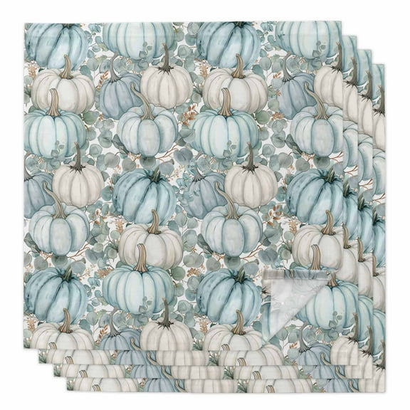 Boanket Aqua White Pumpkins Fall Cloth Napkins Set of 4, Holiday Napkins for Baby Shower, Thanksgiving Eucalyptus Leaves Washable Reusable Dinner Napkins for Cocktail Wedding Party, 20 x 20 Inch