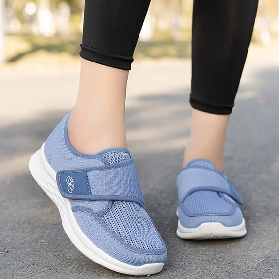 Domzle Shoes for Women Wide Toe Box Adjustable Slip On Sneakers Comfortable Walking Shoes for Swollen Feet Light Blue 37