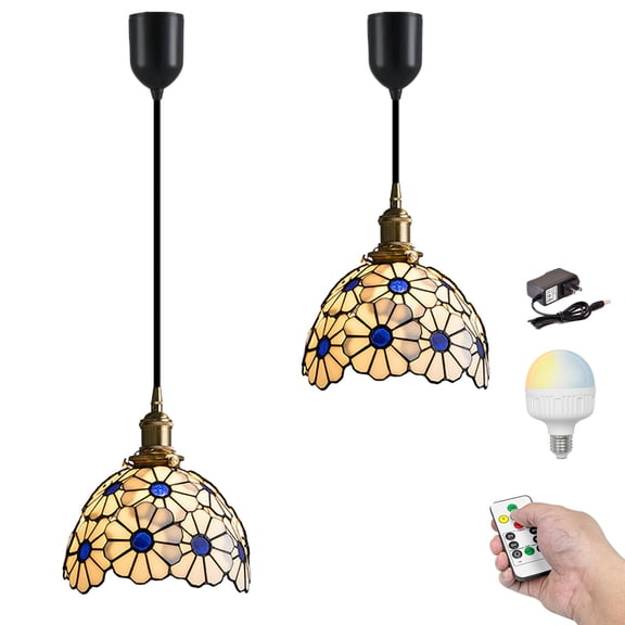 Kiven Battery Operated Pendant Light with Remote, Rechargeable Hanging Pendant Light Adjustable Height with Antiqued Glass Lampshade for Kitchen Island Living Room Home Decor Bedroom(Set of 2)