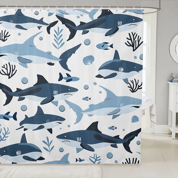 Manfei Ocean Shark Shower Curtain 72Wx72L, Kawaii Sealife Lover Bathroom Curtain, Navy Blue