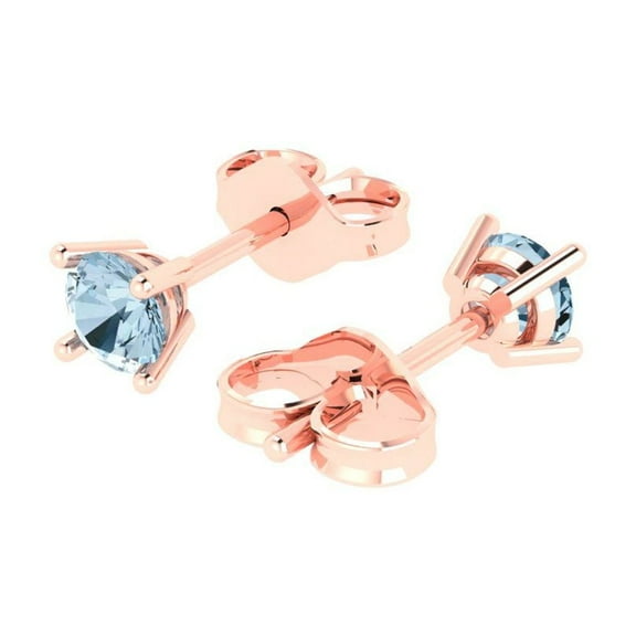 0.5 Ct Round Cut Studs Blue Natural Aquamarine 18K Rose Solid Solid Gold Everyday Dainty Earrings Push Back