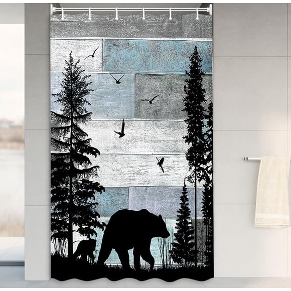 Rustic Cabin RV Shower Curtain, Farmhouse Country Bear Forest Vintage Wood Decor Bath Curtain, Hunting Camping Waterproof Fabric Bathroom Accessories Set with Hooks 36x72 Inches