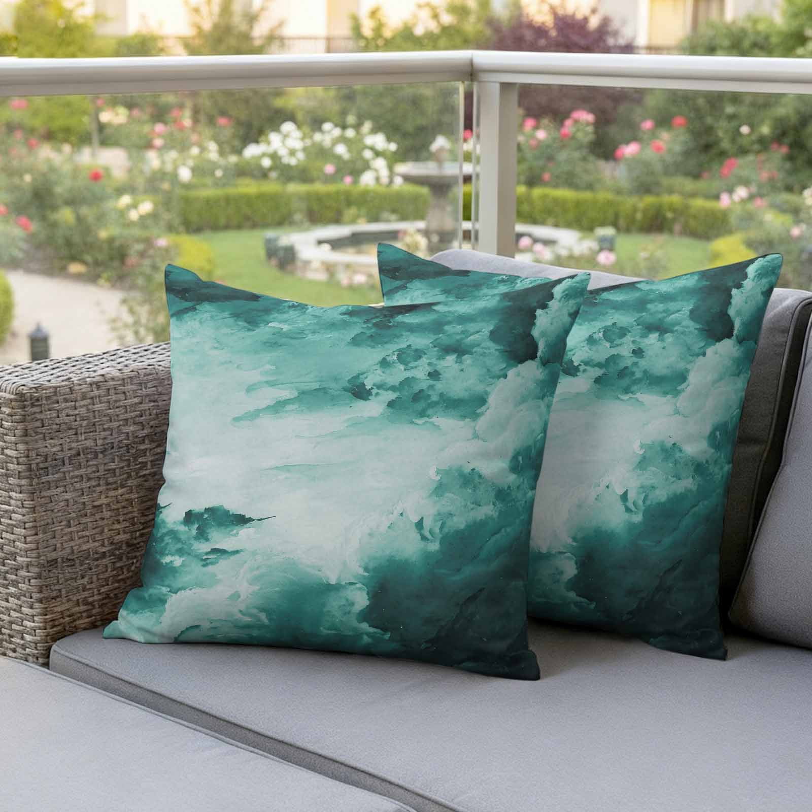 Teal Green Ombre Clouds Outdoor Waterproof Pillow Covers, Modern Abstract Gradient Cloud Decorative Square Throw Pillowcase Sofa Cushion Sham for Patio/Couch/Chair, 26"x26" 2 Pack