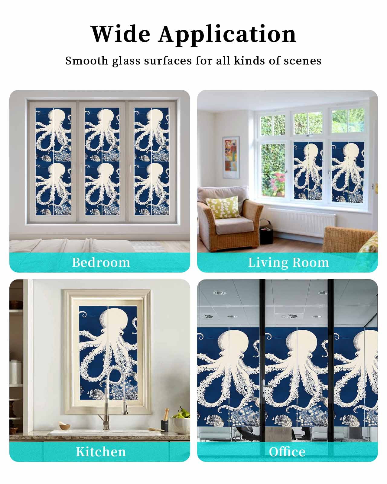 Window Privacy Film Beige Octopus Coastal Stained Glass Window Film Decorative Sun Block Window Cover Navy Blue Nautical Ocean Coral Window Clings Static Adhesive Sticker for Bathroom 23.6"x59"