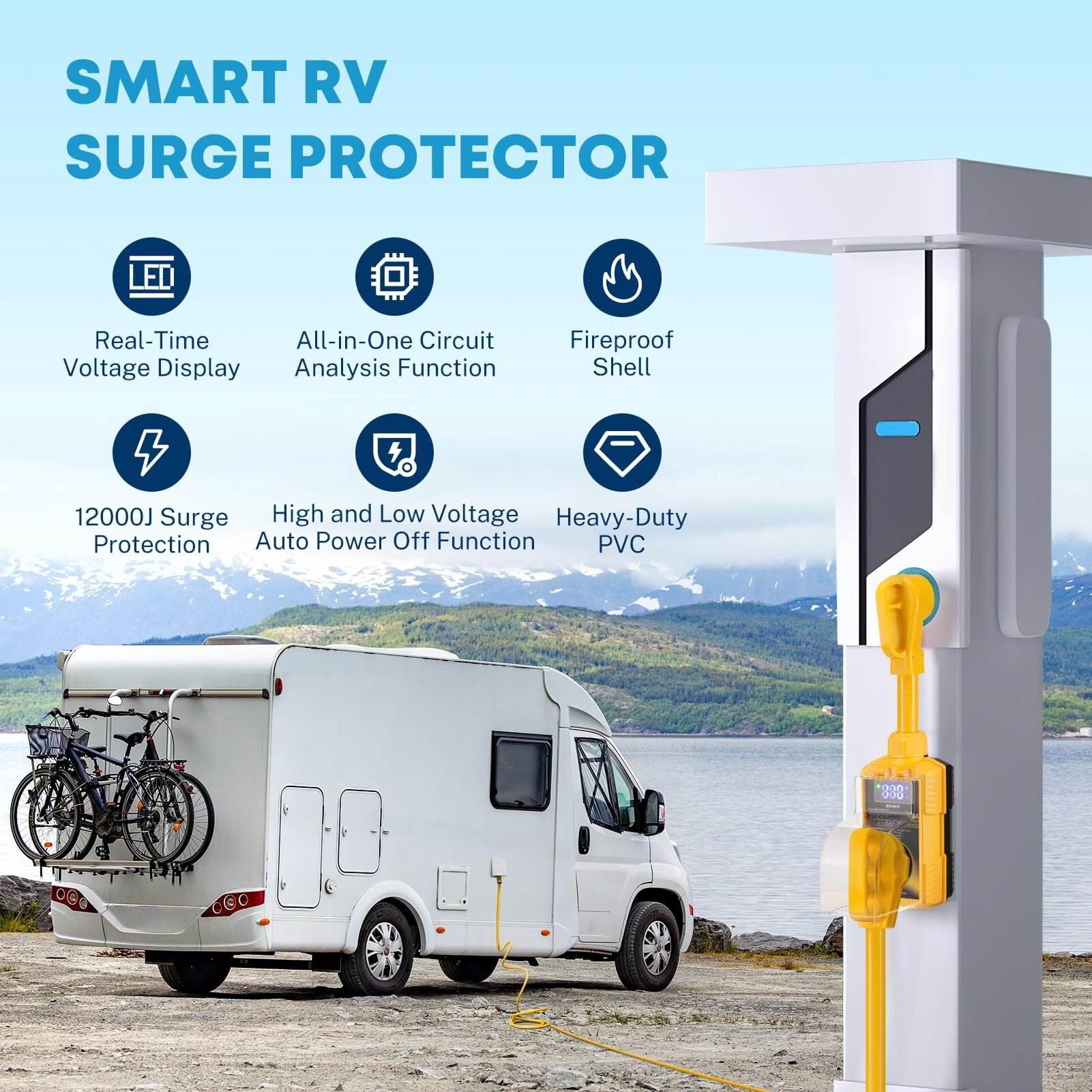 Kohree RV Surge Protector 50 Amp 12000 Joules with High/Low Voltage Protection,with LED Display Waterproof ,Auto Shut Off for Camper,Travel Trailers