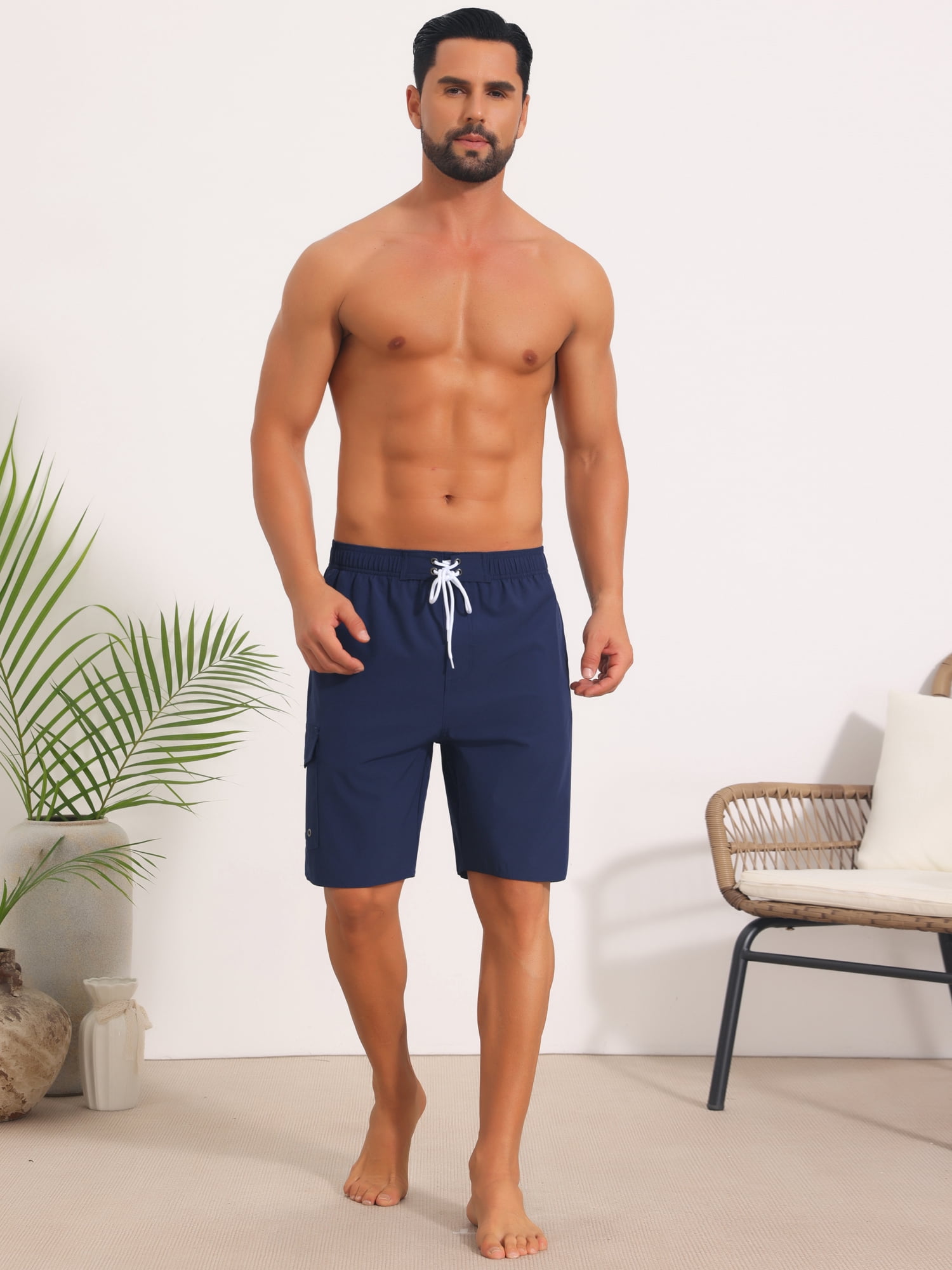 DARING DIVA Men's Multiple Pockets Beach Drawstring Waist Summer Board Shorts 36 Dark Blue