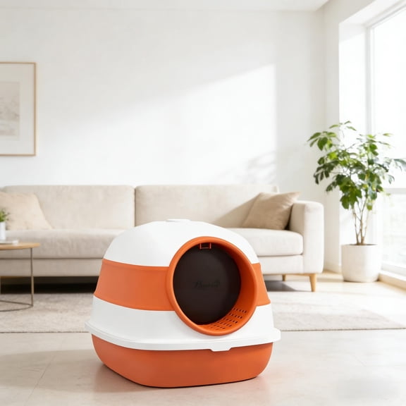 Foldable Covered Cat Litter Box, Orange & White Enclosed Litter Box with Air Freshener, Litter Grate & Scoop, High Edge Lid, Privacy Cat Toilet for Cats Up to 10lbs