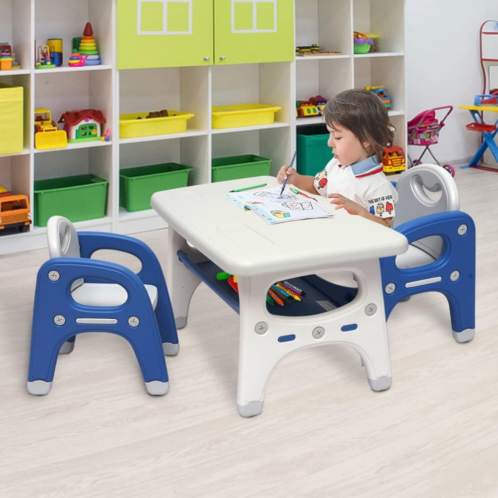 MIDODO Kids Table and 2 Chairs Set with Storage Shelf, 3-in-1 Toddler Table and Chair Set Children Multi-Activity Table for Classroom, Daycare, Home