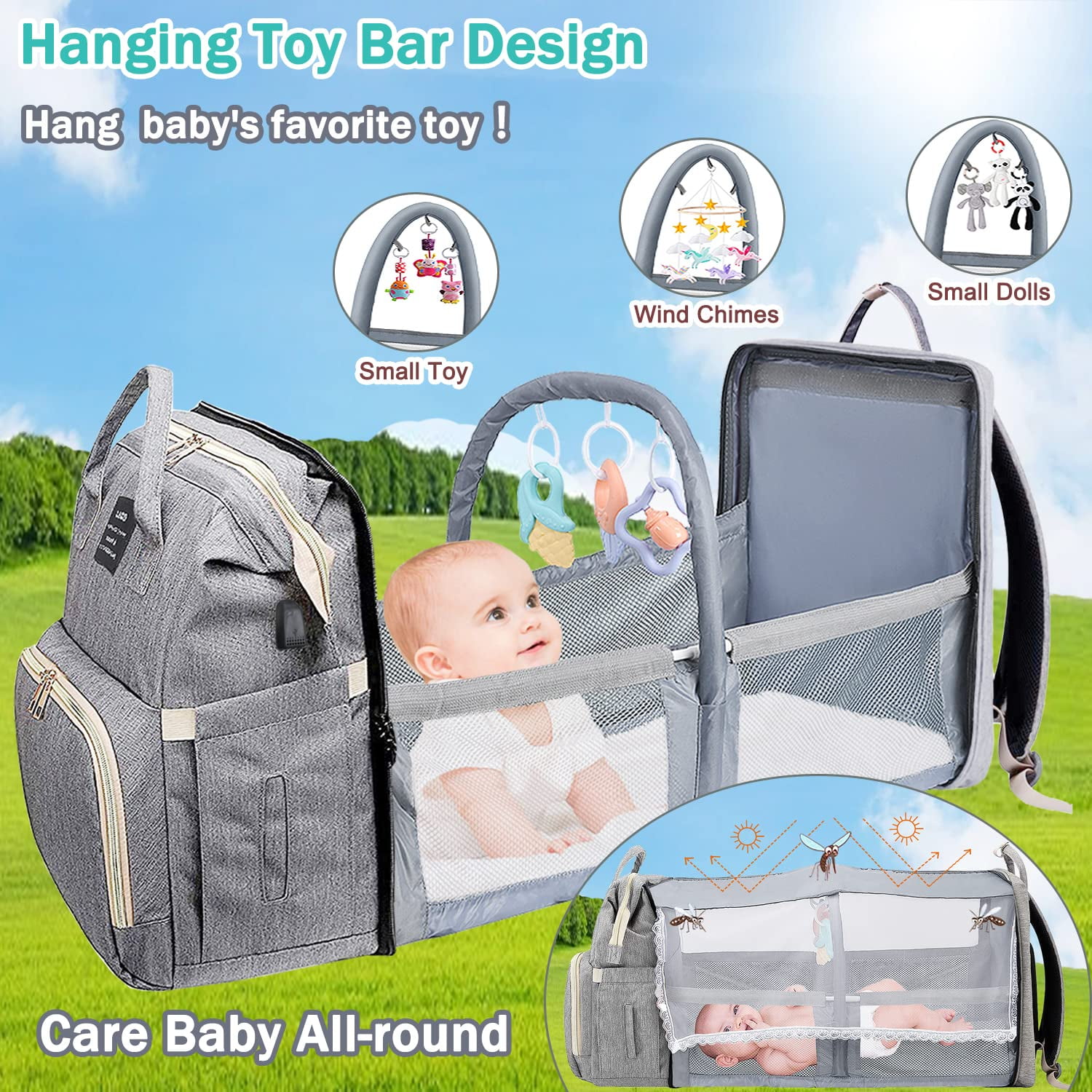 Diaper Bag Backpack, Campmoy 8 in 1 Large Diaper Bag with Changing Station, 900D Oxford Waterproof Diaper Bag with Unique Toy Hanging Rod Bassinet for