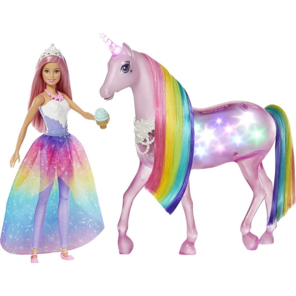 Barbie Dreamtopia Magical Lights Unicorn with Rainbow Mane, Lights & Sounds, Princess Doll with Pink Hair and Food Accessory, Gift for 3 to 7 Year Olds