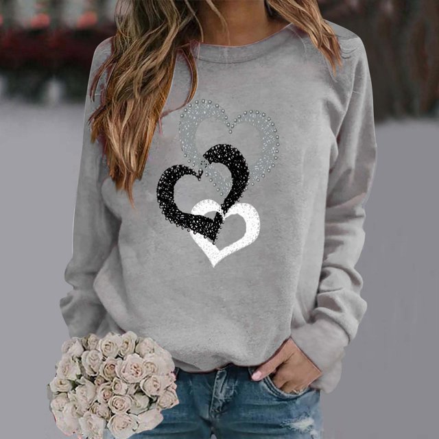 Chandails en Molleton à Capuche pour Femmes, Pull Mode Col Rond Saint-Valentin Décontracté Imprimé Amour Gris