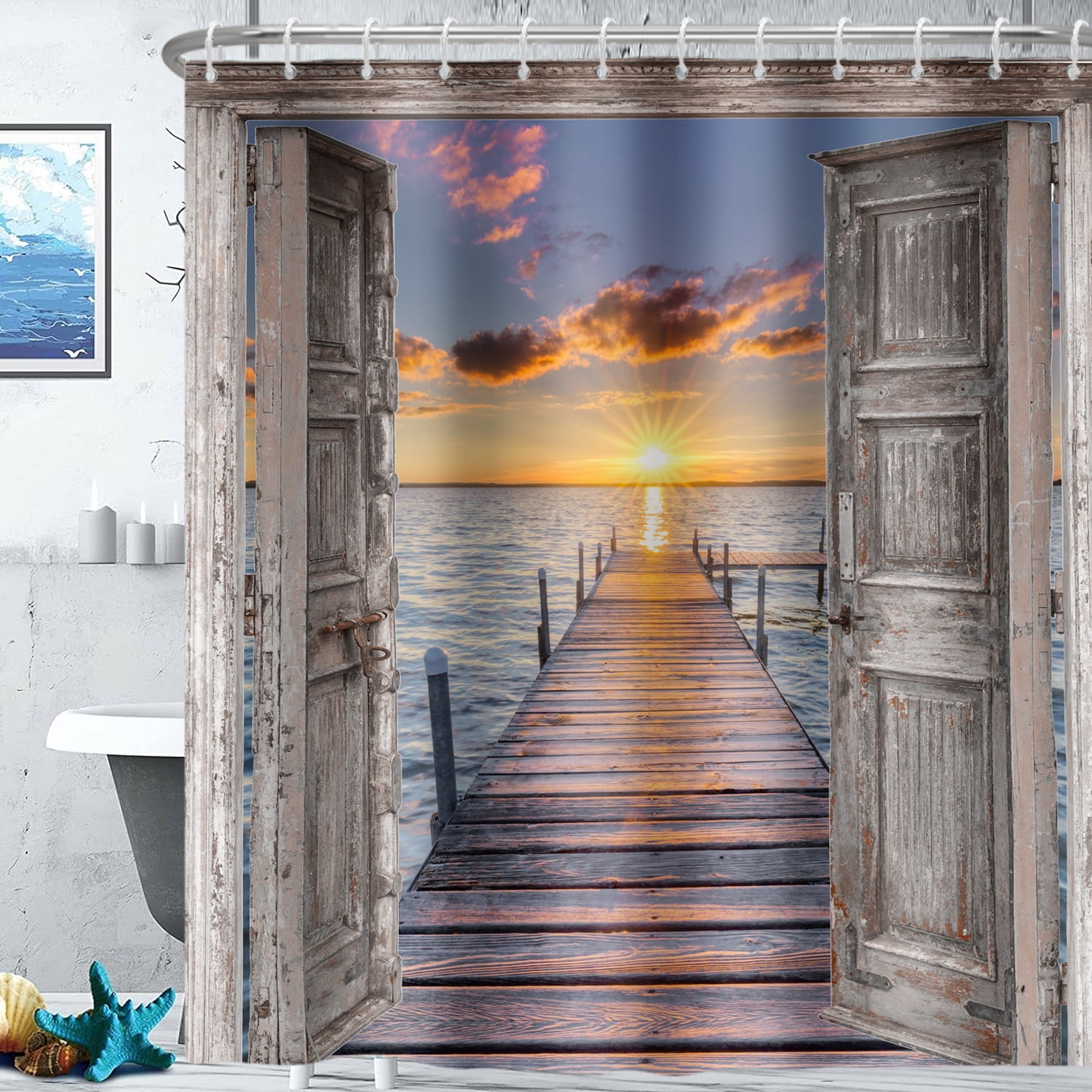 Pbobriich Beach Coastal Shower Curtain for Bathroom Summer Seaside Shower Curtain with Hooks,Wooden Grain Barn Door Design,72x78 Inches