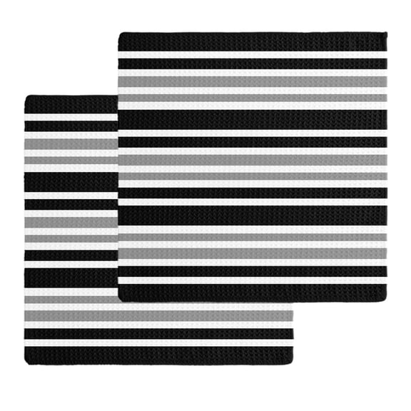 Black Gray Striped Kitchen Dish Towels for Drying Dishes Set of 2, Horizontal Lines Simple Minimalist Waffle Weave Microfiber Hand Tea Bathroom Towels Quick Dry & Absorbent Towel 12x12