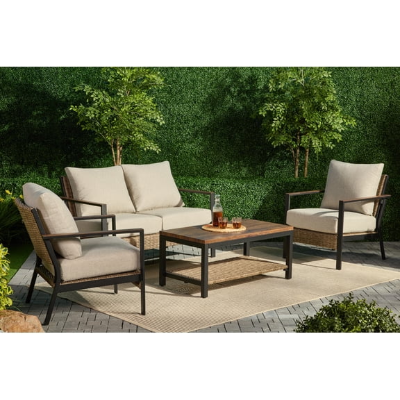 AE Outdoor Hennepin Patio Furniture 4 Piece Conversation Set Steel with Beige Cushions, Toolless Easy Assembly