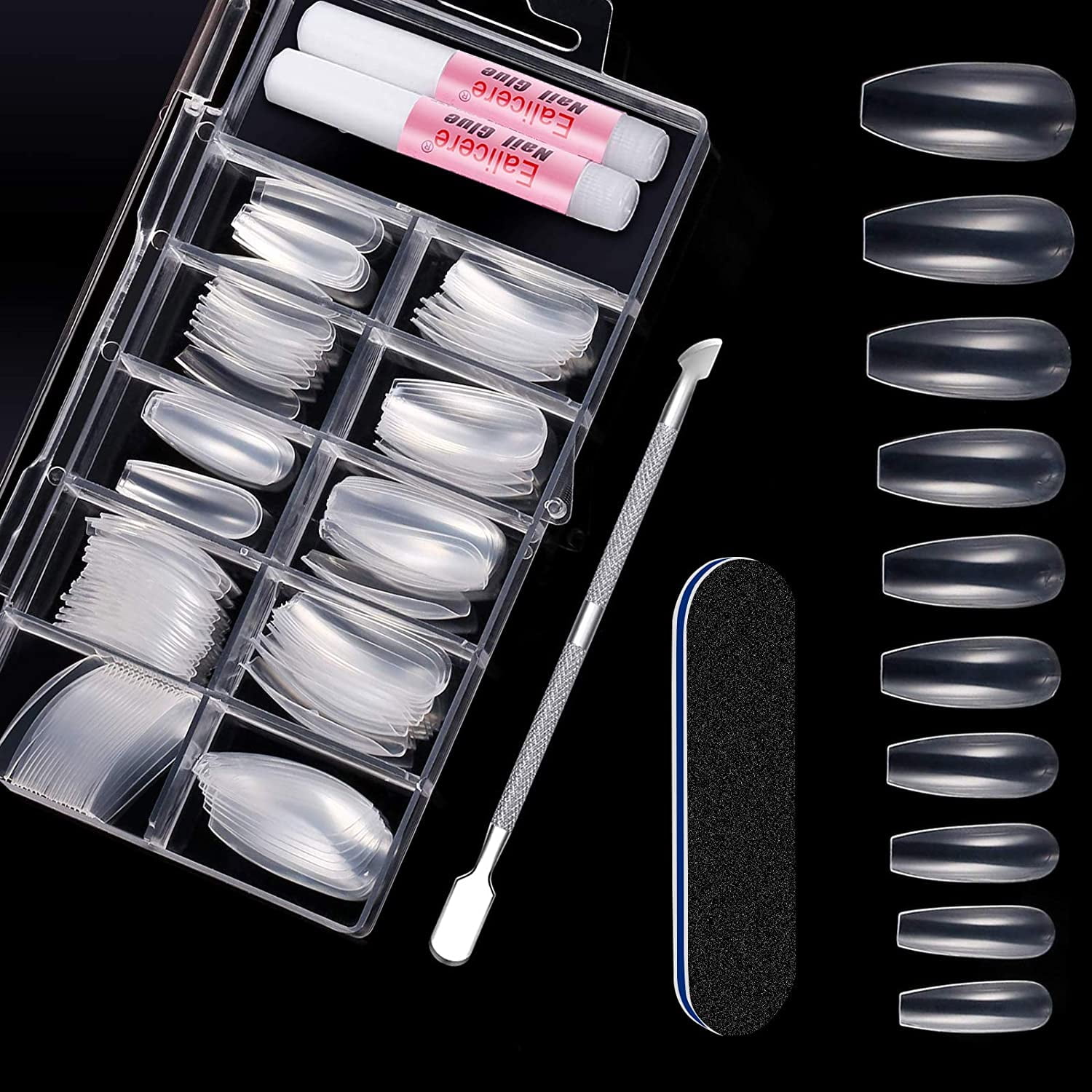 Ealicere Short Coffin Ballerina Nail Tips with 2x2g Nail Glue, 120 pcs Clear Acrylic False Nails in Box, Full Cover False Coffin Nails with Cuticle Pusher and Nail Files