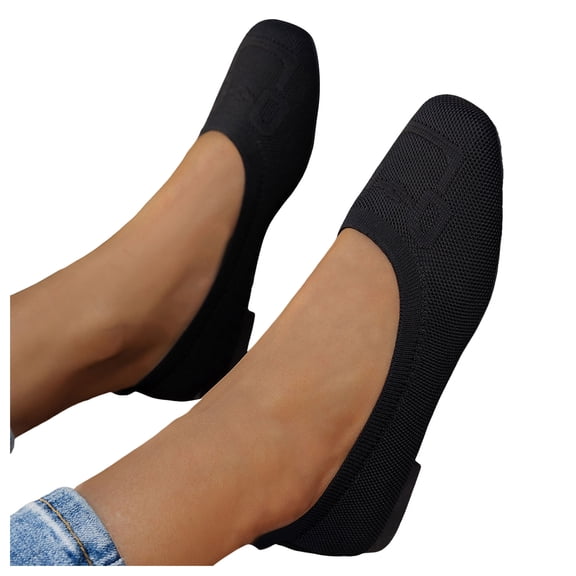 Womens Square Toe Dressy Shoes Spring Fall Knit Fashion Casual Ballet Flats Slip on Loafers for Ladies