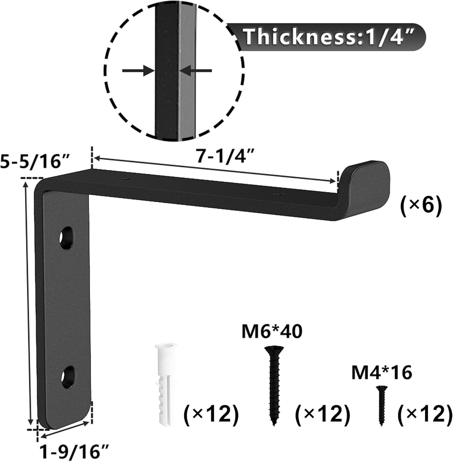 Solennerer Heavy Duty 7.25" Floating Shelf Brackets Support, Set of 6, Wall Mounted 1/4" Thickness, Matt Black ,Decorative Shelves (Shelf Bracket-7.25"-6)