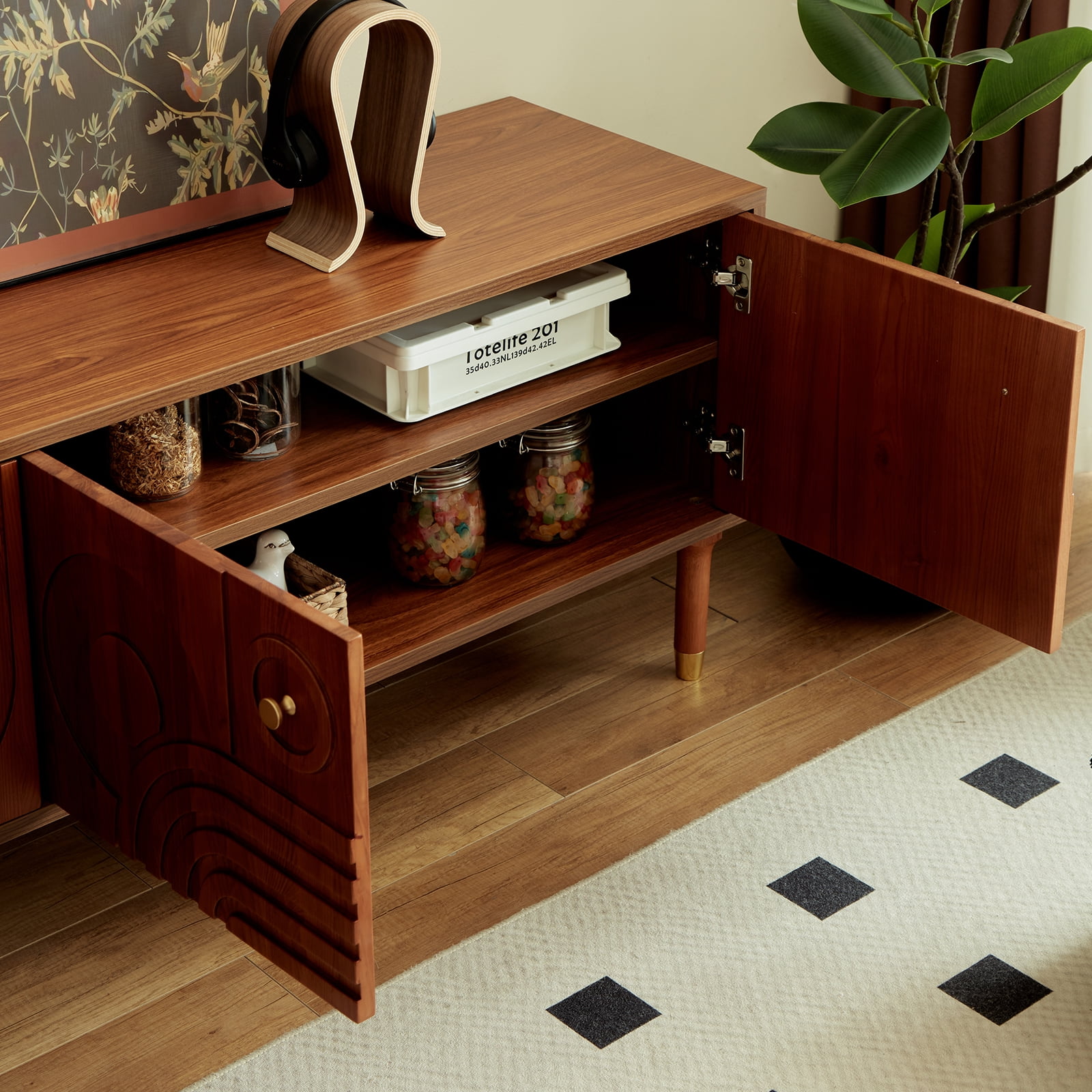 siu want Modern TV Stand for 75 inch TV, 66.9" Retro Media Console with Carved Geometric Doors & 4 Cabinets, Walnut Entertainment Center​