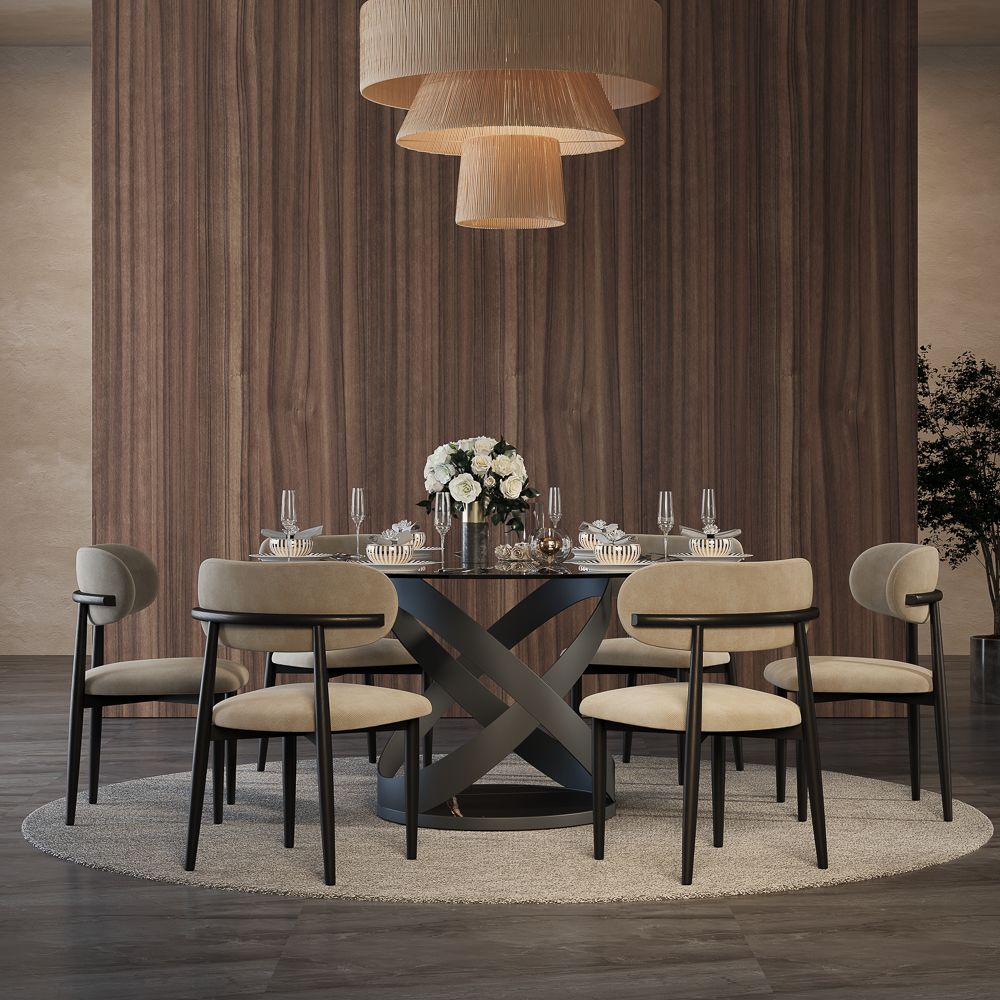 POVISON-59"Modern Round Glass Dining Table for 6, Gray Tempered Glass Circle Dining Room Table for Kitchen, Glass Kitchen Table, Black X Carbon Steel Base