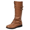 thumbnail image 6 of Rokment Vintage Knee High Combat Boots for Women Casual Buckles Leather Lace up Platform Wedge Mid Heels Mid Calf Motorcycle Riding Tall Booties, 6 of 8