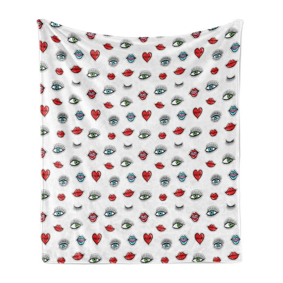 Emoticon Soft Flannel Fleece Throw Blanket, Beauty Illustration of Open Close Eyes in Hand Drawn Style with Hearts and Lips, Cozy Plush for Indoor and Outdoor Use, 50" x 70", Multicolor, by Ambesonne