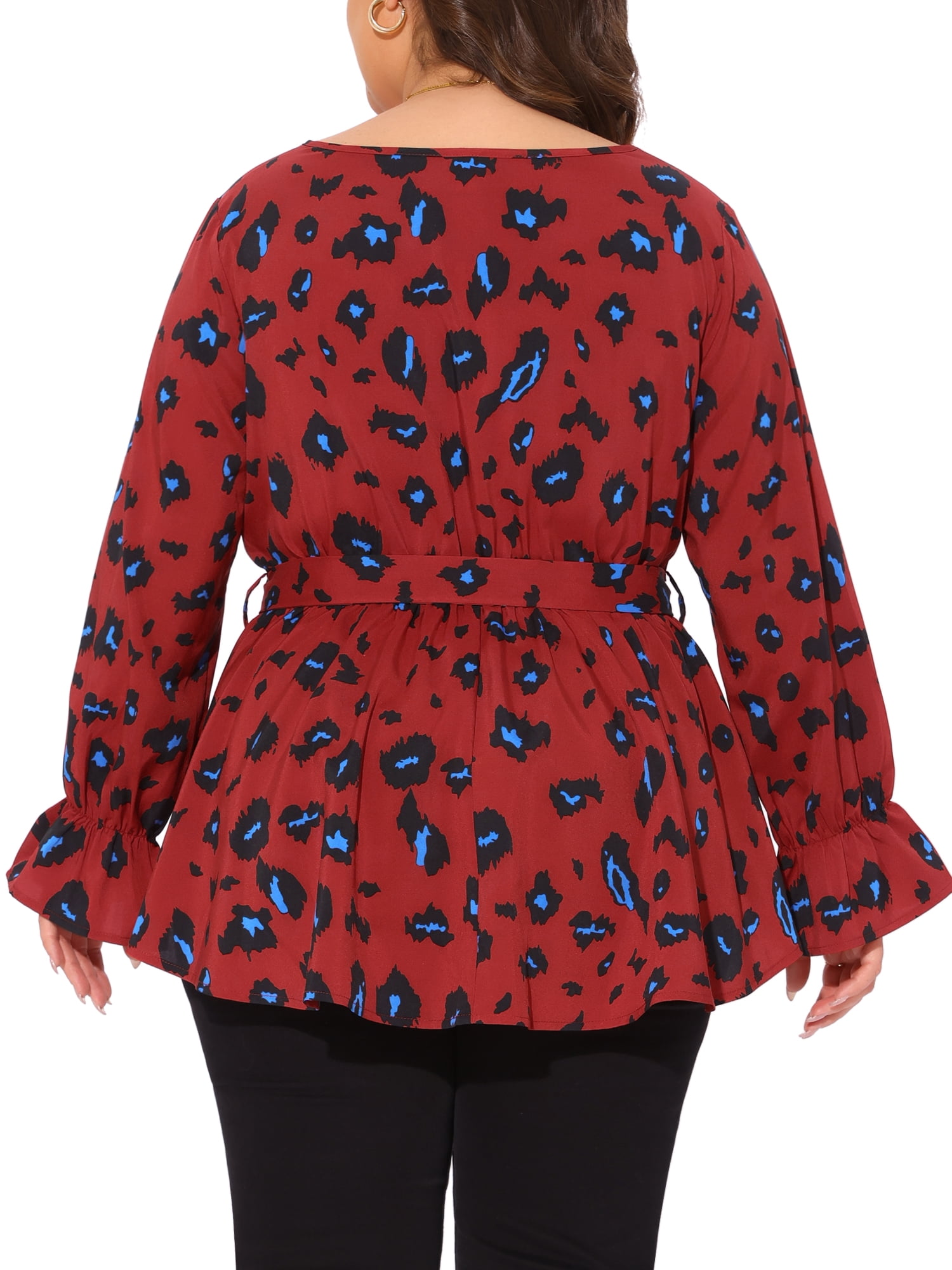 DARING DIVA Women's Plus Graphic Print Belted Long Sleeve V Neck Top 2X Red