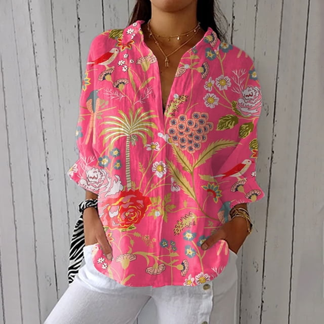 YLHFASHION Chemise à Imprimé Floral Rétro pour Femmes, Imprimé Artistique, Chemise Décontractée à Col en V, Rabais de 50 % Liquidation Chemises pour Femmes