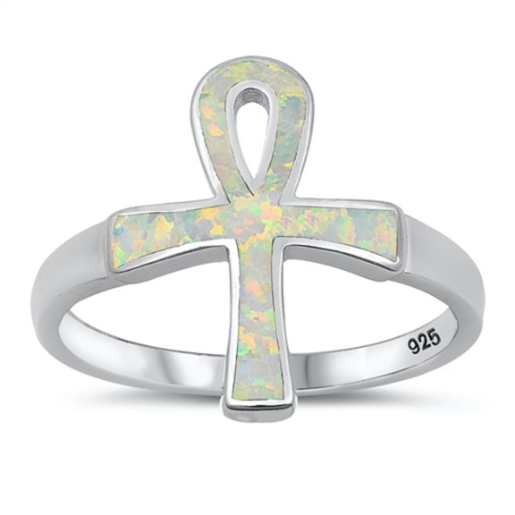 White Simulated Opal Ankh Cross Ring Sterling Silver Size 8