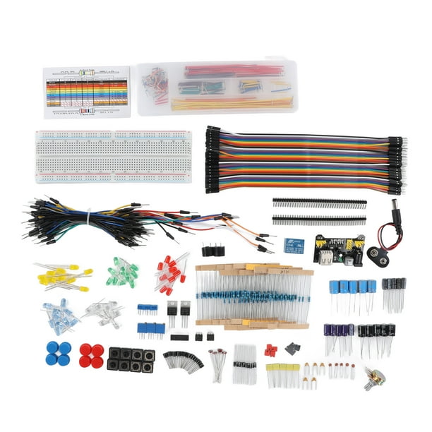 Kit de componentes electrónicos para bricolaje: módulo de potencia, resistencia, condensador, transistor, cables puente.