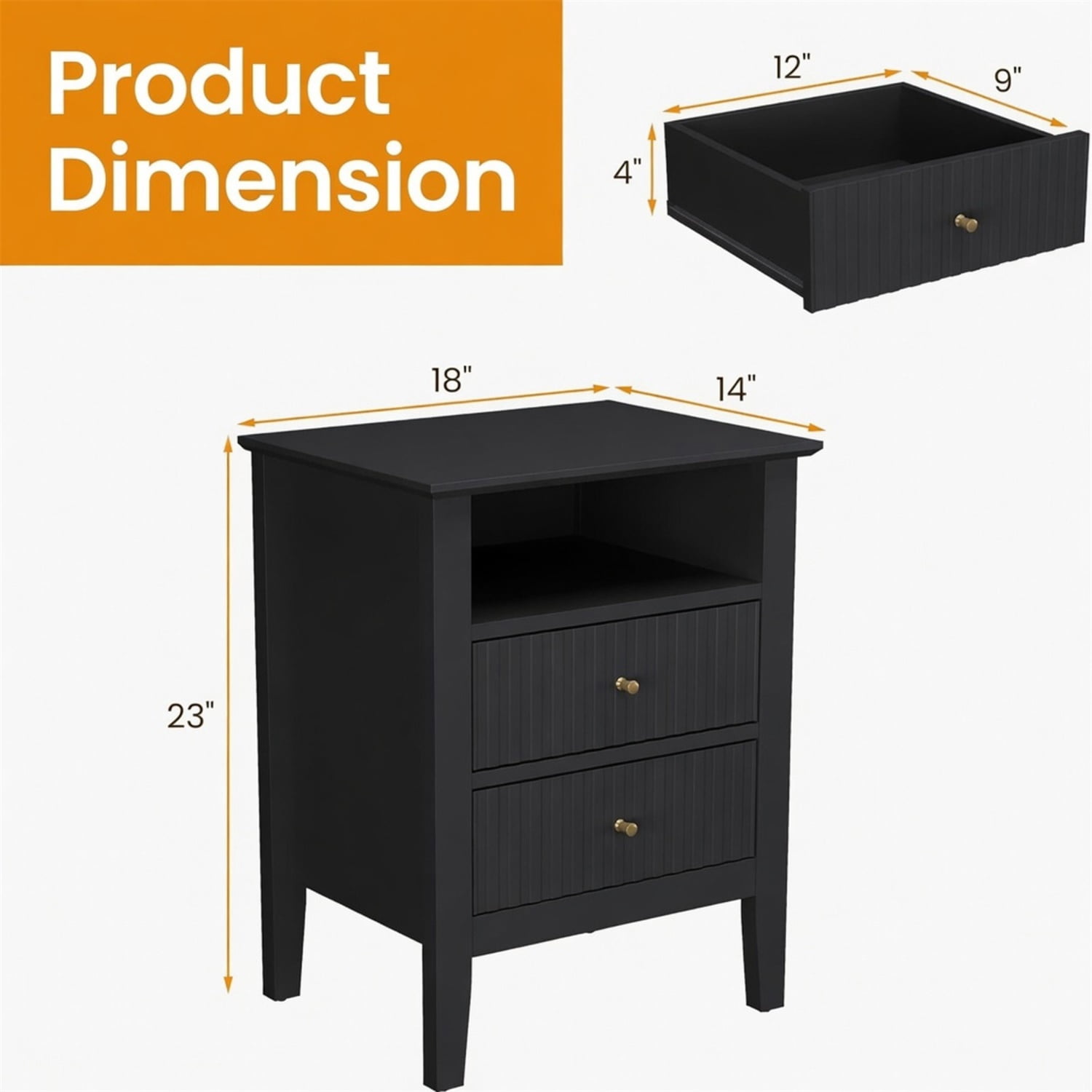 Hommoo 18" Wooden Fluted Nightstand Set of 2, with 2 Drawers & Open Shelf, Modern Bedroom Sofa Side Table, Black