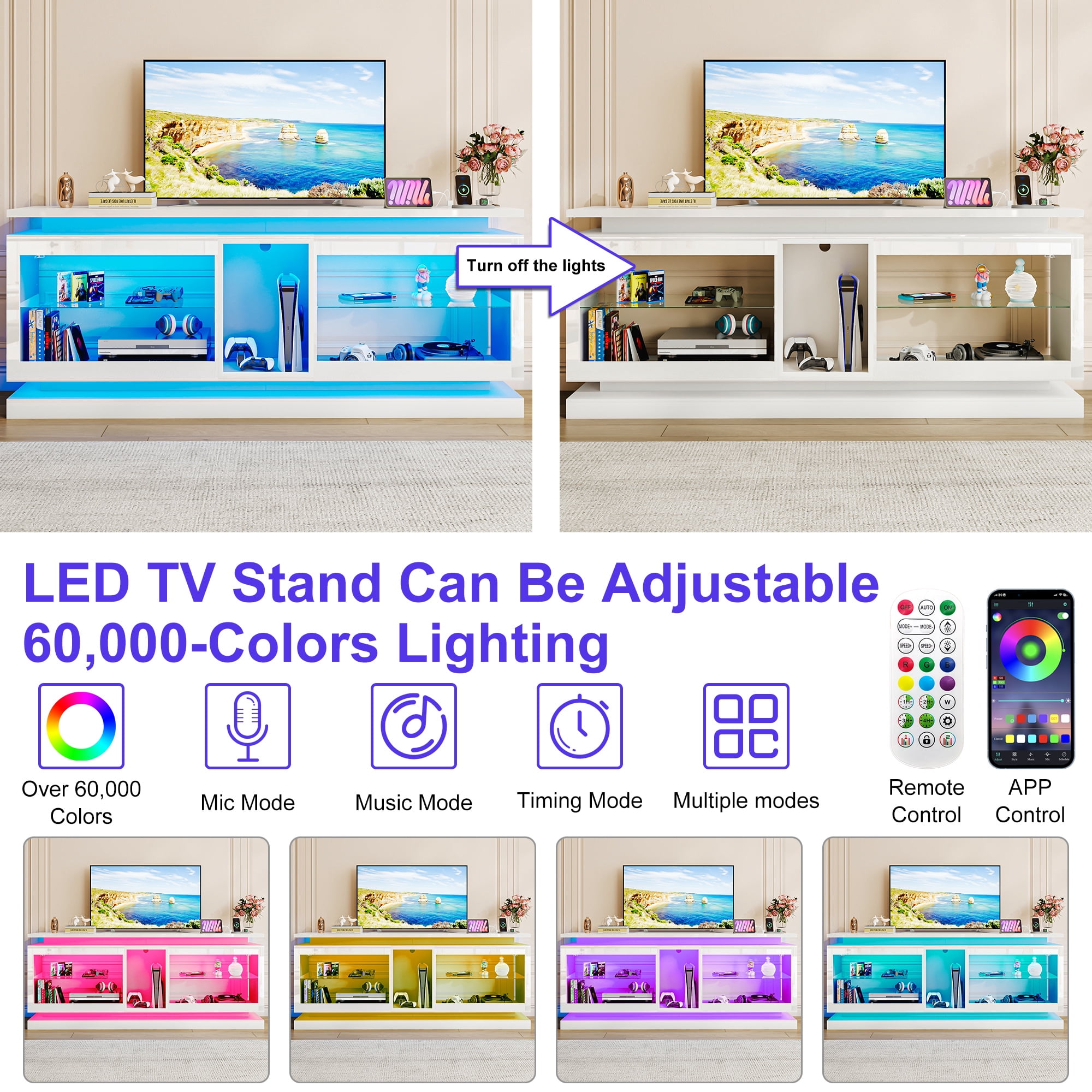 ChVans 80 Inch LED TV Stand with Charging Station,Modern Entertainment Center High Gloss Large TV Stand with Adjustable Shelves,Gaming TV Console for 80/85/90 Inch TVs,White