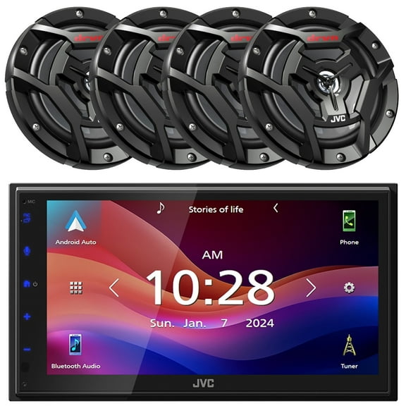 JVC KW-M695BW 6.8" WSVGA LCD Display Single-DIN Bluetooth USB/MP3 Digital Media Shallow Chassis Multimedia SiriusXM Ready Receiver, 4x JVC CS-DR6200M 6.5" 150 Watts Max Power 2-Way Coaxial Speakers