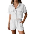 thumbnail image 2 of Bloomae Two Piece Linen Short Sets for Women Trendy Summer Short Sleeve Button Down T-Shirts Tops with Pockets and Elastic Waist Short Pants Matching Loungewear Outfits White M, 2 of 9
