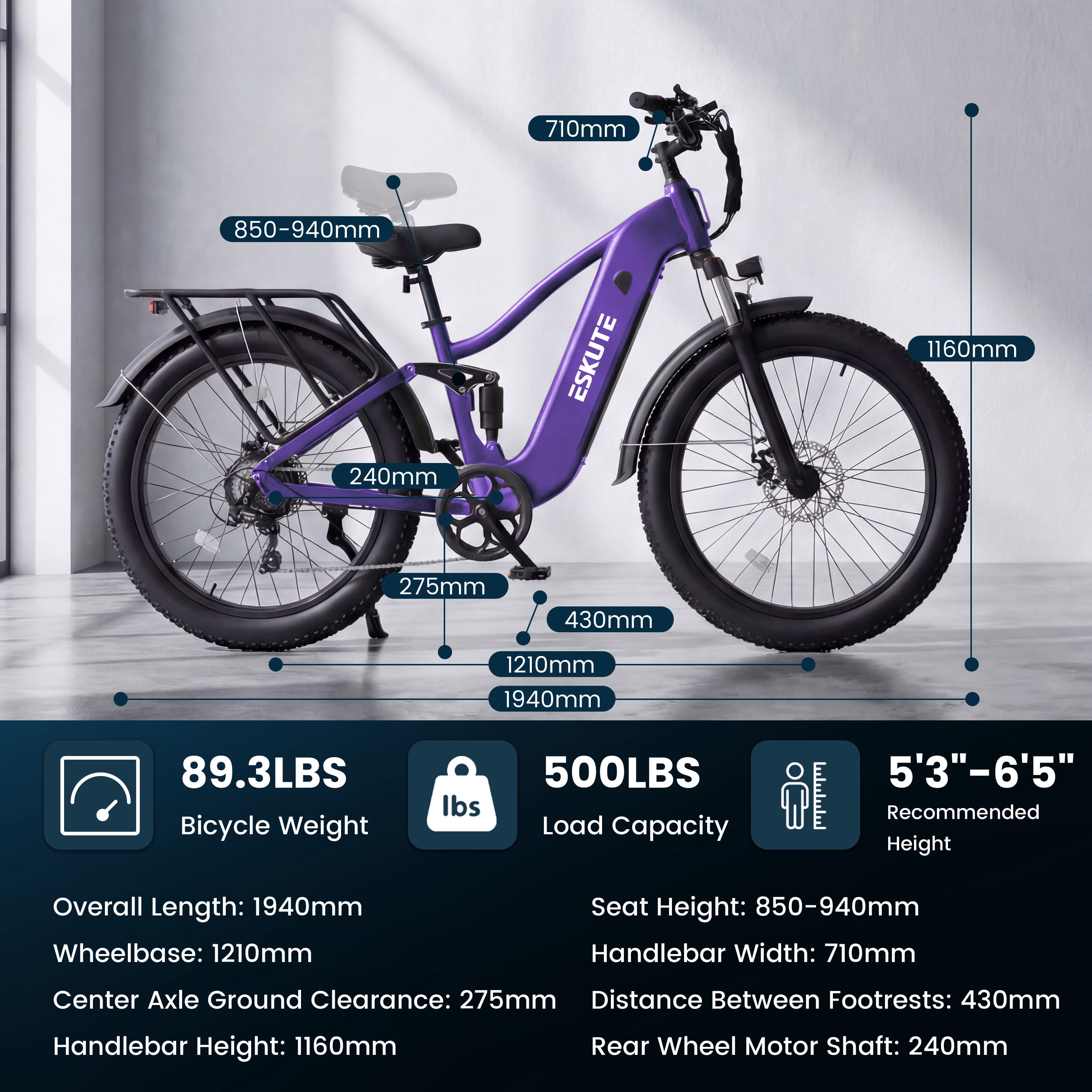 ESKUTE C300 Electric Bike for Adults, 1500W Peak Motor, 32MPH Fast Ebike, 48V 20.8Ah Battery Up to 80 Miles, 26"x4.0" Fat Tire, Full Suspension, 8-Speed Purple, With Bag & Lock & front Basket, UL2849