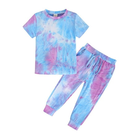 

Wiueurtly Kids Toddler Boy Girls Clothes Sports Casual Tie Dye Prints Short Sleeves T Shirt Elastic Waist Pants Set Outfit Baby Girl Preemie Clothes Rainbow