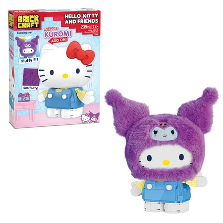 Brickcraft Hello Kitty and Friends Kuromi Fluffy Fit Building Kit (239-Piece Set), Sanrio Character Brick Toy with Fluffy Hood Accessory, Collectible Display Figure