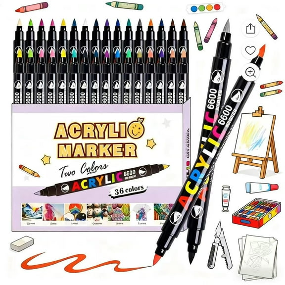 SFBOSF Dual Tip Acrylic Paint Markers Set with Brush Tip, Fine Tip, Assorted Colors, 36 Count