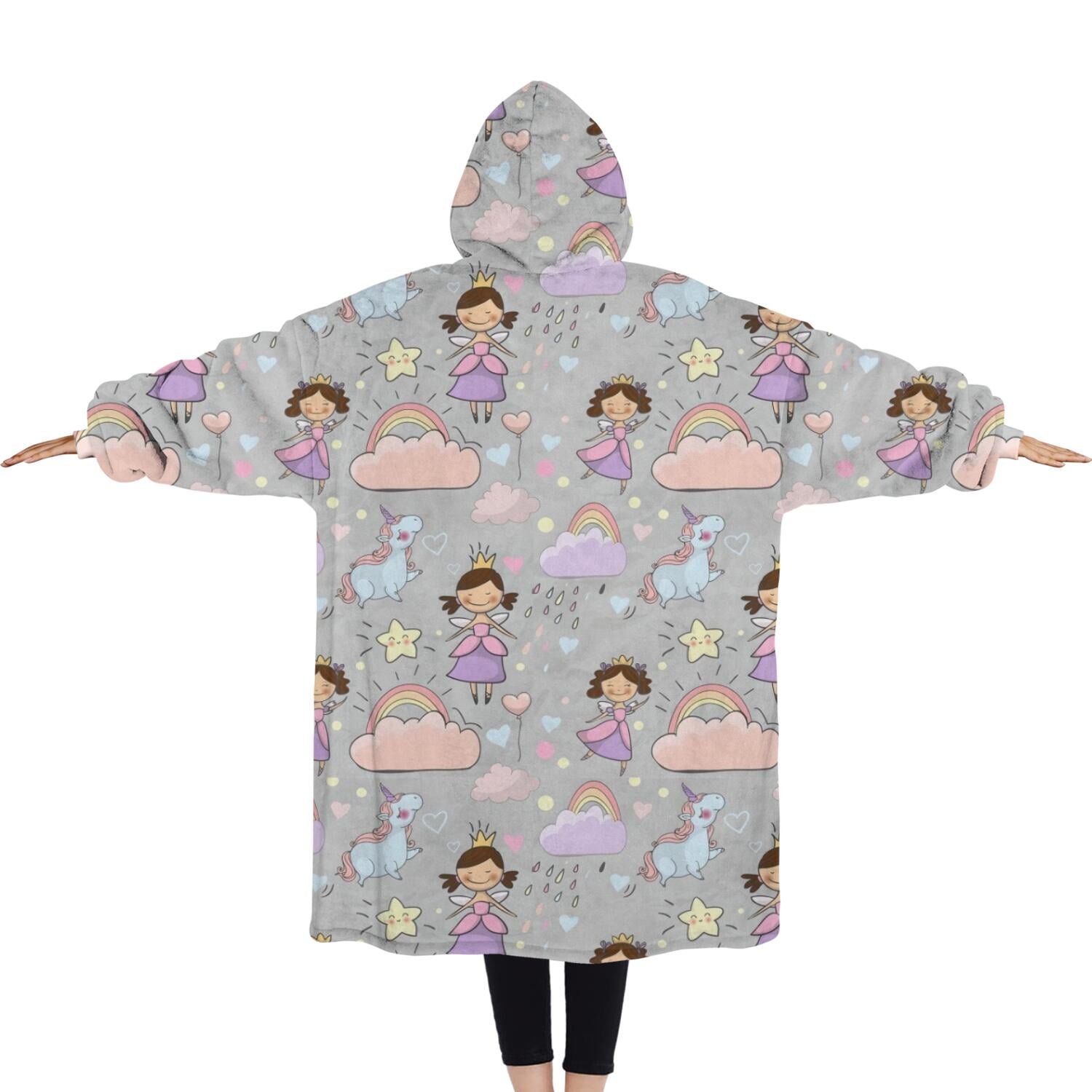 Oversized Wearable Blanket Hoodie,Pastel Princess Unicorn Pattern Sherpa Blanket Hoodie with Super Pockets,Super Warm Fuzzy Pullover for Women & Men