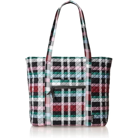 Vera Bradley Women's Cotton Quilted Vera Tote Bag in Ribbons Plaid, zip top