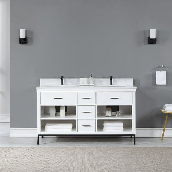 Kesia 60" Double Bathroom Vanity Set in White without Mirror