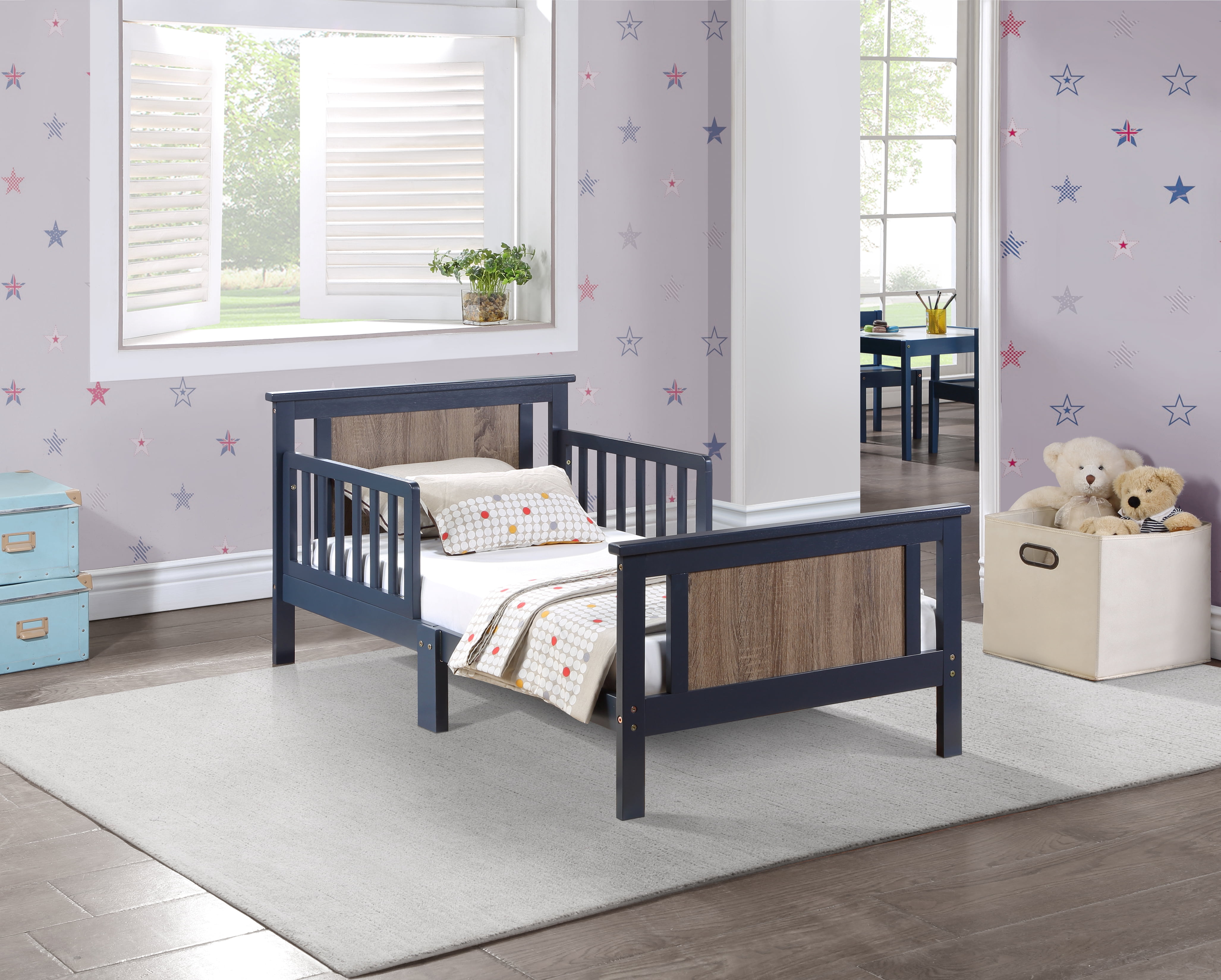 Olive & Opie Connelly Wood Reversible Panel Toddler Bed in Midnight Blue/Vintage Walnut